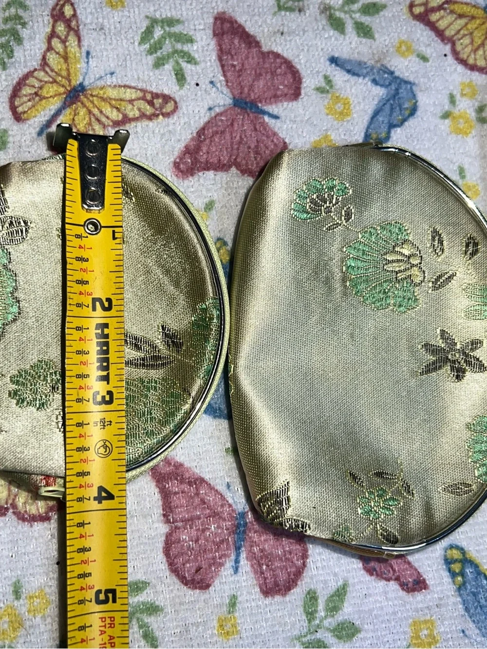 Zipper Pouch Cosmetic Makeup Bag Set Floral Embroidered Gold Satin